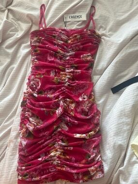 L'AGENCE Fuchsia Floral Ruched Mini Dress
